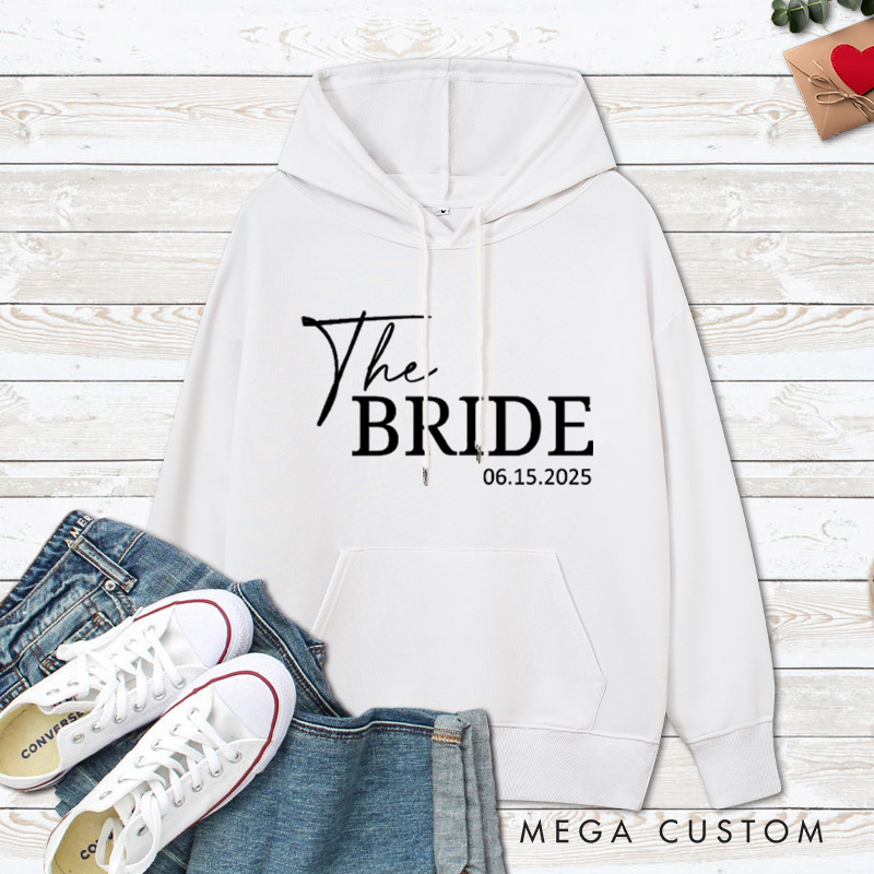 Personalized Minimalist The Bride and The Groom with Date Matching Wedding Couple Hoodie