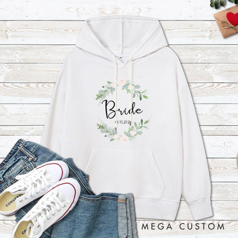 Personalized Elegant Floral Wreath Bride and Groom Matching Wedding Couple Hoodie
