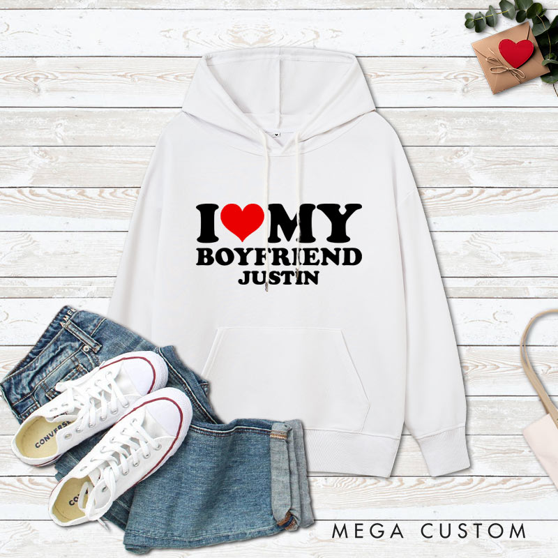Personalized Couple I Love My Girlfriend Valentine's Day Hoodie with Name Couple I Love My Boyfriend Sweatshirt for Boyfriend Girlfriend Husband Wife