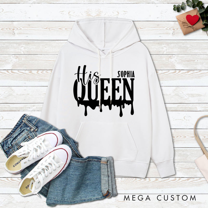 Personalized Couple Minimalist Her King and His Queen Valentine's Day Hoodie with Name Couple Sweatshirt for Boyfriend Girlfriend Husband Wife