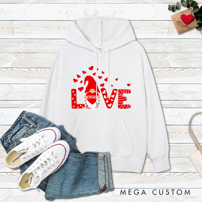 Personalized Couple Red Gnome with Heart Valentine's Day Hoodie with Name Couple Sweatshirt for Boyfriend Girlfriend Husband Wife