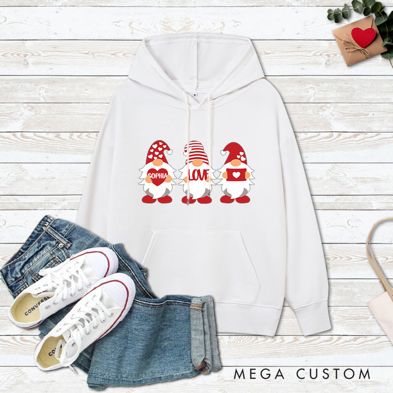 Personalized Red Gnome Couple Holding Hearts Hoodie Couple Valentine's Day Sweatshirt for Boyfriend Girlfriend Husband Wife