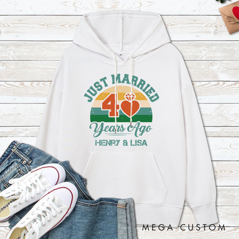 Personalized Just Married 40 Years Ago Retro Hoodie Couple Wedding Anniversary Outfit for Her Him Anniversary Hoodie for Wife Husband