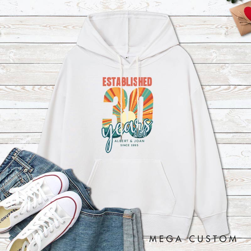 Personalized Established 30 Years Anniversary Hoodie Vintage 30th Anniversary Hoodie for Couple Retro Anniversary Outfit for Wife Husband