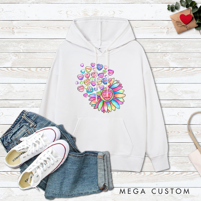 Personalized Couple Colorful Flower with Heart Hoodie Couple Valentine's Day Sweatshirt for Boyfriend Girlfriend Husband Wife