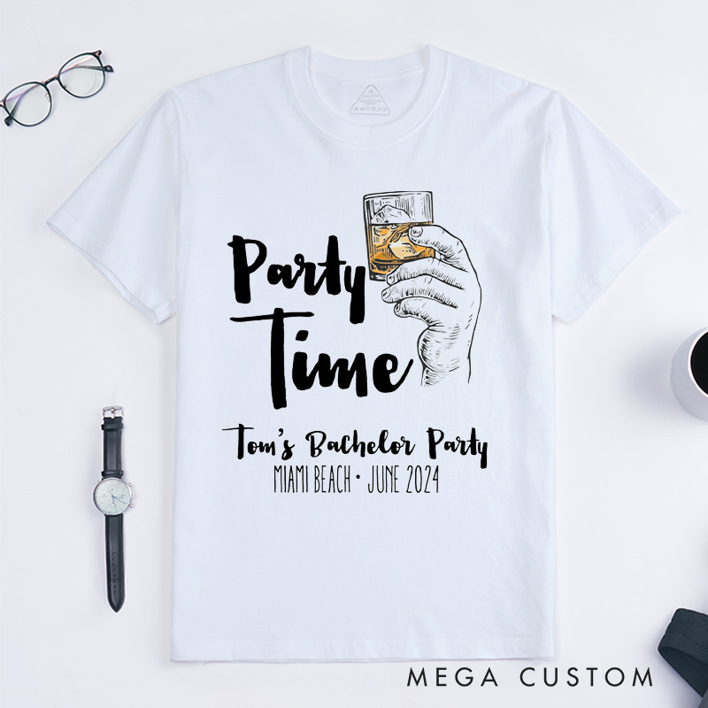 Personalized Party Time Bachelor Party T-Shirt Whiskey Glass Shirt for Groomsman Wedding Party Favors Shirt for Men Best Man Gift