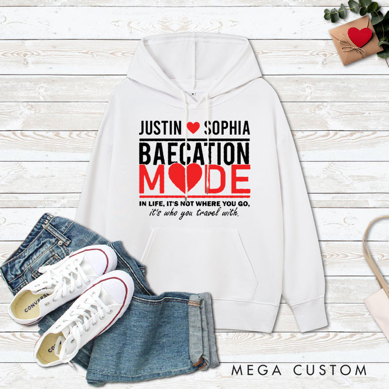 Personalized Couple Baecation Mode with Heart Hoodie Couple Valentine's Day Sweatshirt for Boyfriend Girlfriend Husband Wife