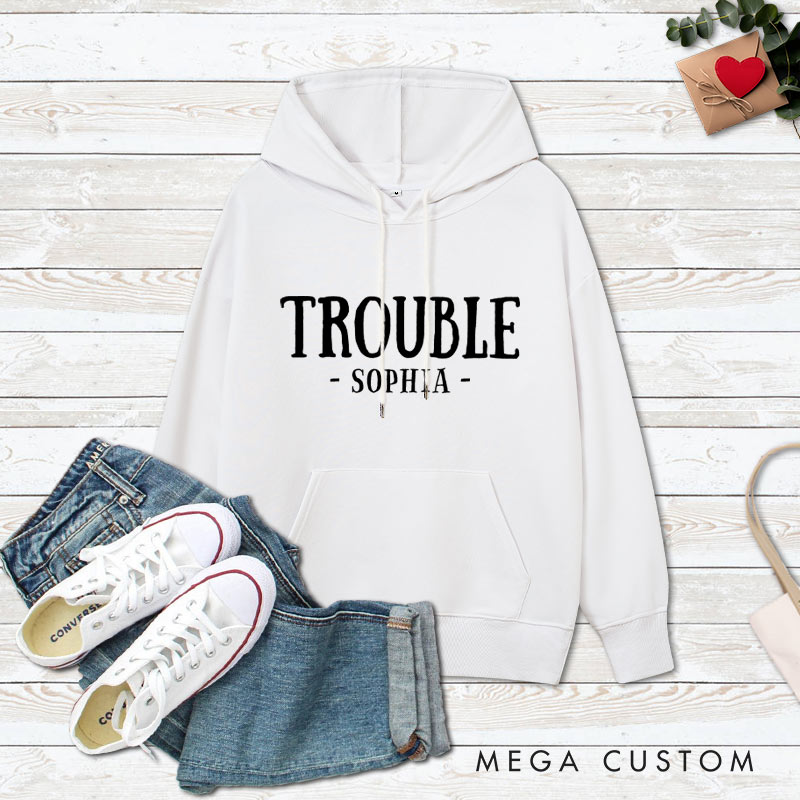 Personalized Couple Where I Go Trouble Follows and Trouble Hoodie Couple Valentine’s Day Sweatshirt for Boyfriend Girlfriend Husband Wife
