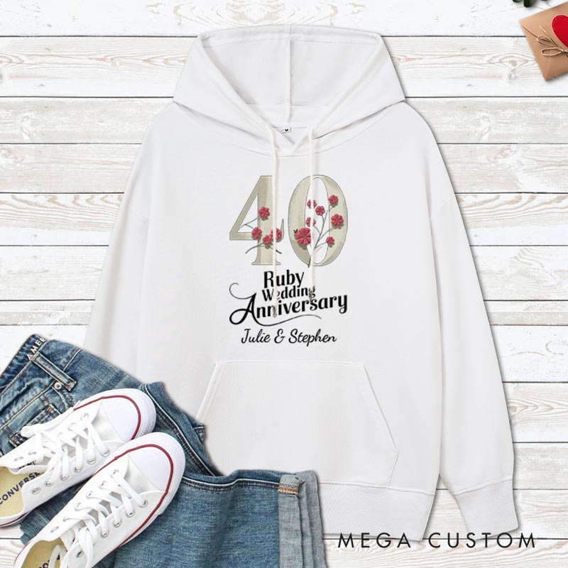 Personalized 40 Ruby Wedding Anniversary Floral Hoodie Husband Wife 40th Anniversary Outfit for Her Him Couple Ruby Wedding Anniversary Hoodie