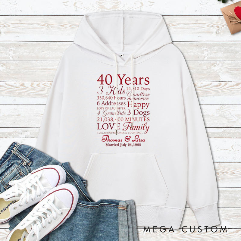 Personalized 40 Years of Love & Family Milestone Hoodie Husband Wife 40th Anniversary Outfit with Name Couple Anniversary Hoodie for Her Him