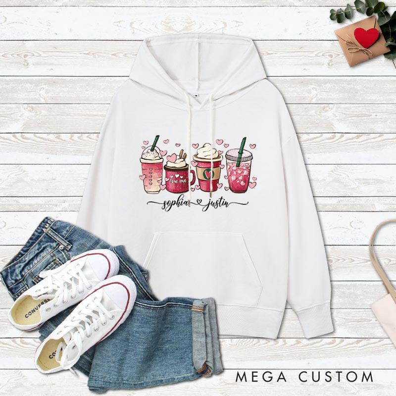 Personalized Couple Pink Heart Coffee Hoodie with Name Couple Valentine's Day Sweatshirt for Husband Wife Boyfriend Girlfriend