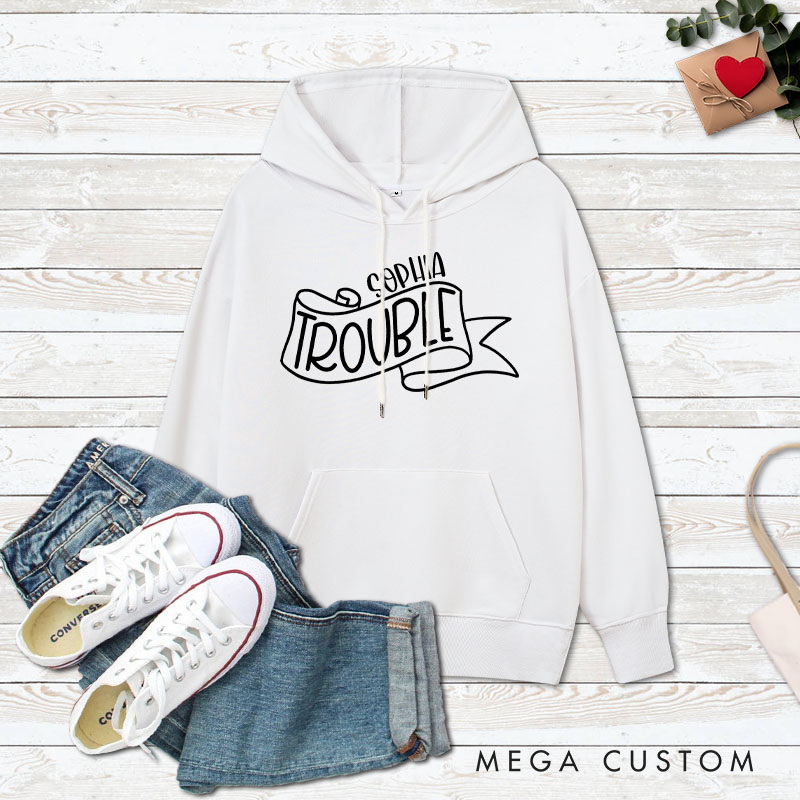 Personalized Couple Double and Trouble Valentine's Day Hoodie with Name Couple Sweatshirt for Boyfriend Girlfriend Husband Wife