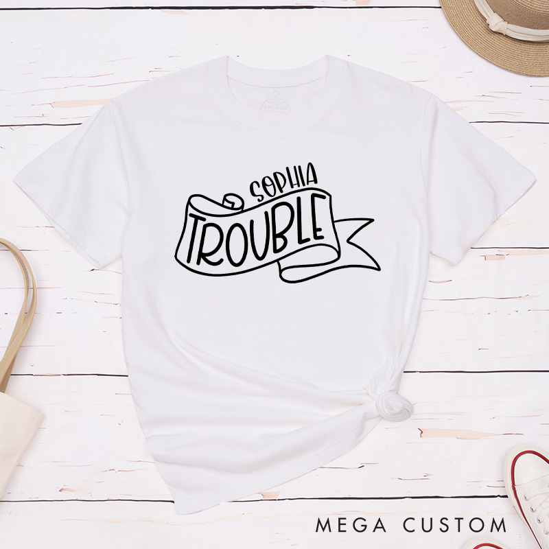 Personalized Couple Double Trouble Matching T-Shirt with Name Valentine's Day T-Shirt for Husband Wife Boyfriend Girlfriend for Hubby Wifey