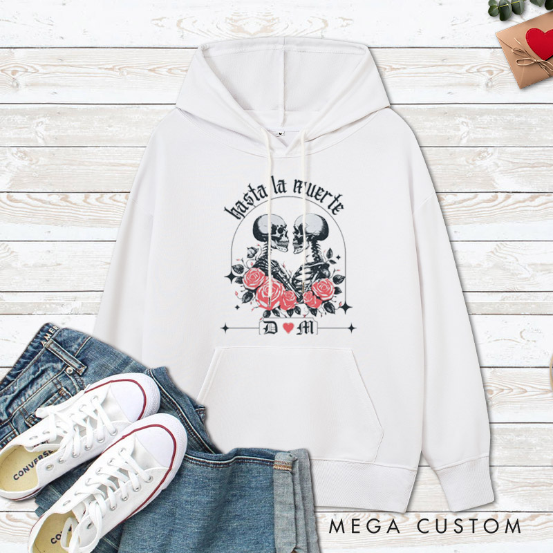 Personalized Hasta La Muerte Skeleton Couple with Roses Halloween Couple Hoodie
