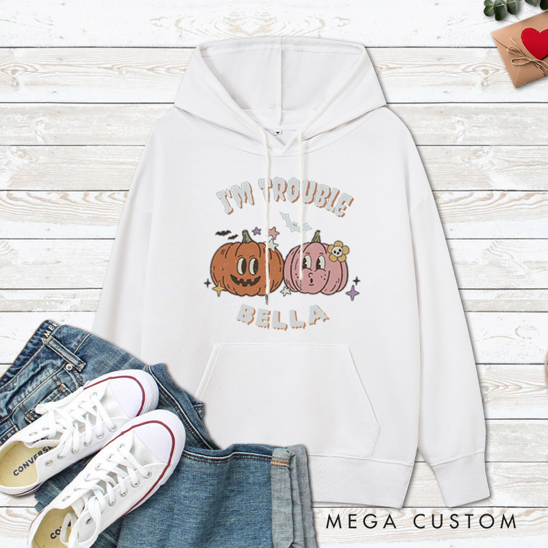 Personalized Where I Go Trouble Follows & I'm Trouble Pumpkin Halloween Couple Hoodie