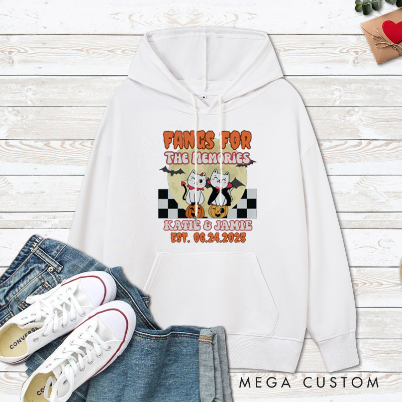 Personalized Love at First Bite and Fangs for the Memories Cat Couple Halloween Couple Hoodie