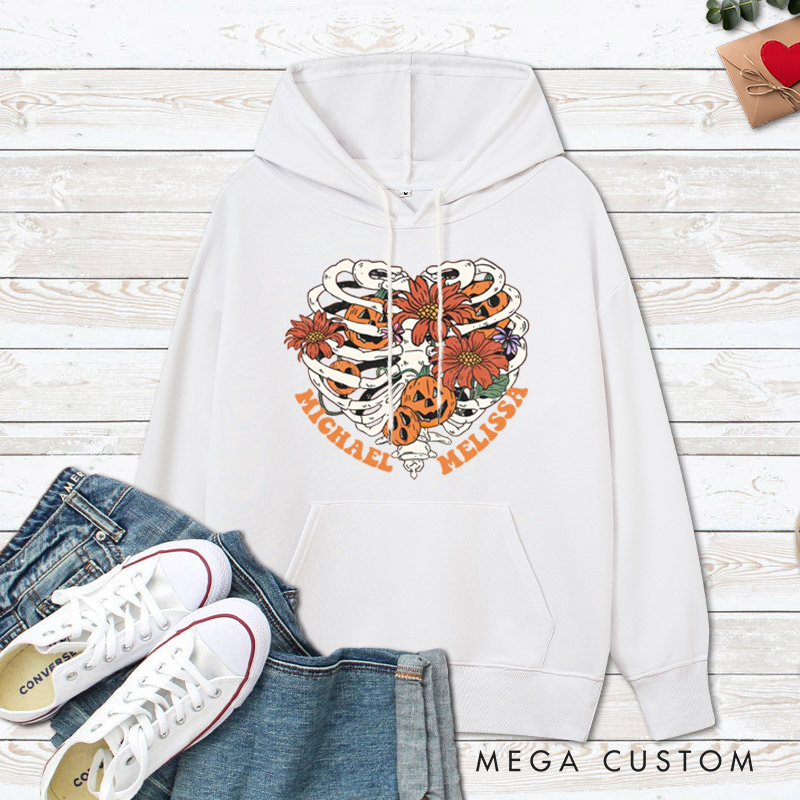Personalized Floral Skeleton Ribcage with Pumpkins Halloween Couple Hoodie