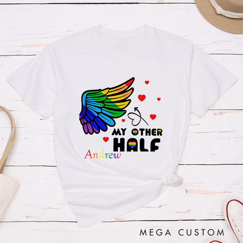 Personalized My Other Half Rainbow Wings Couple T-Shirts LGBTQ Matching Shirts for her him Pride Lesbian Gay Couple Tees