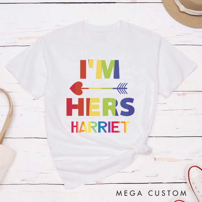 Personalized She's Mine I'm Hers LGBTQ Rainbow Love T-Shirts Lesbian Matching Shirts for Her Pride Couple Tee