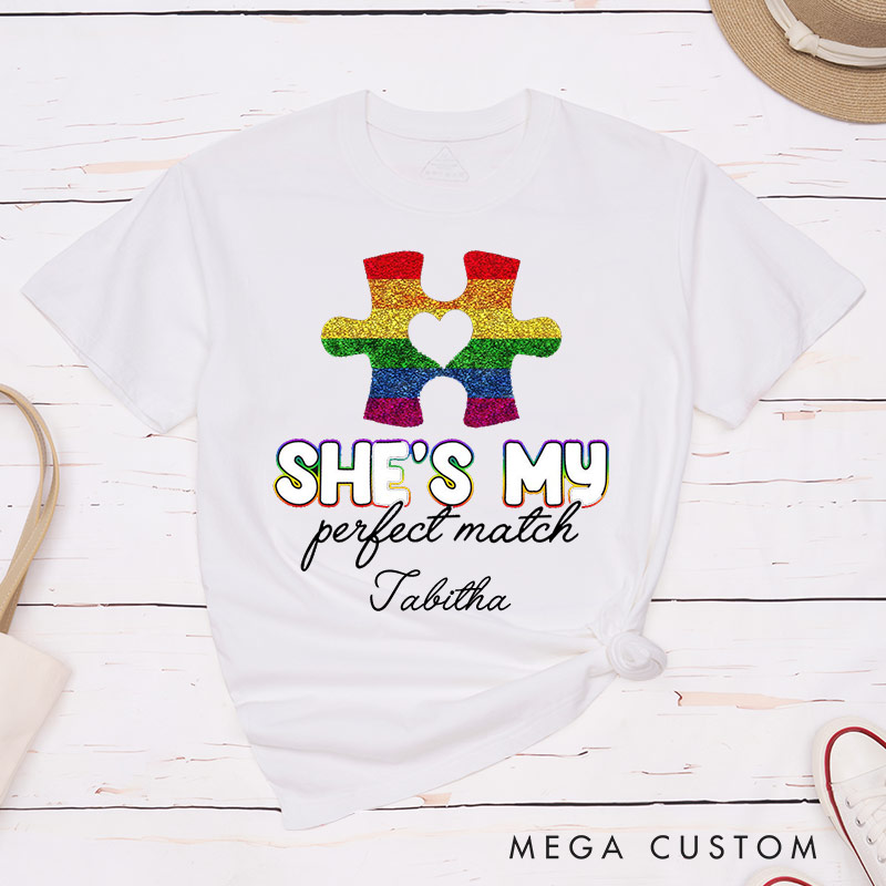 Personalized She's My Perfect Match Puzzle Piece Pride T-Shirts LGBTQ Lesbian Matching Couple Shirt Lesbian Wife Girlfriend Tees