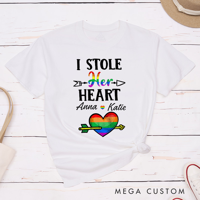 Personalized I Stole Her Heart I'm Stealing Her Last Name Pride Couple T-Shirts LGBTQ Lesbian Matching Couple Shirt Lesbian Wife Tee