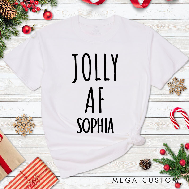Personalized Couple Merry AF and Jolly AF Matching Christmas T-Shirt with Name Couple Xmas T-Shirt for Husband Wife Boyfriend Girlfriend
