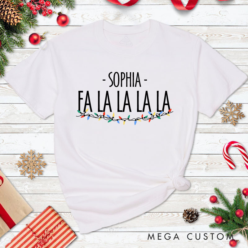 Personalized Couple La La La La La with String Lights Christmas Matching T-Shirt Couple Xmas T-Shirt for Husband Wife Boyfriend Girlfriend