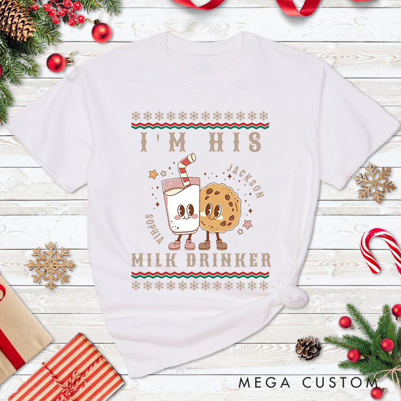Personalized Couple I'm Her Cookie Eater Christmas Matching T-Shirt Couple I'm His Milk Drinker Xmas T-Shirt for Husband Wife Boyfriend Girlfriend