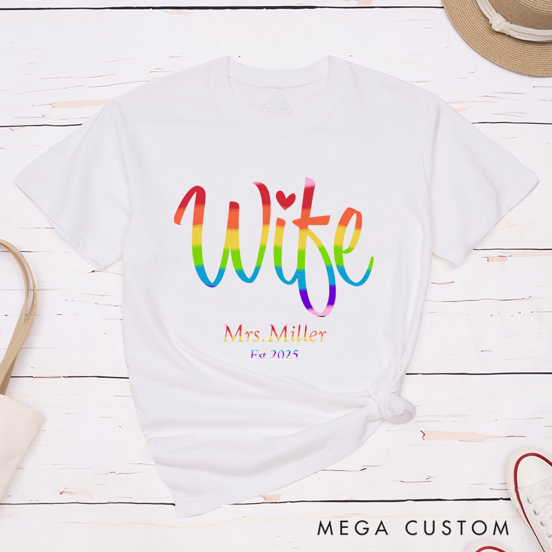 Personalized Wifey and Wife Rainbow Couple T-Shirts LGBTQA+ Lesbian Couple Shirt for Her Pride Lesbian Matching Tee