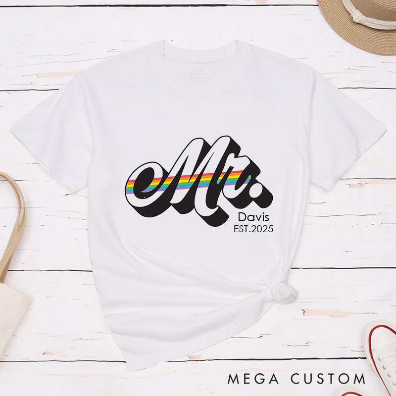 Personalized Mr and Mr Rainbow Couple T-Shirts LGBTQA+ Gay Matching Shirt for Him Pride Month LGBTQ Couple Tee for Gay