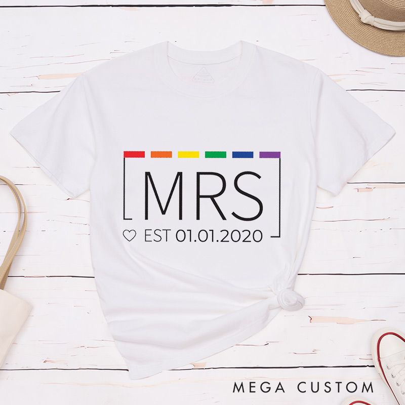 Personalized Mrs and Mrs Rainbow Couple t-Shirts LGBTQ Couple Matching Shirt for Her Lesbian Anniversary Tee