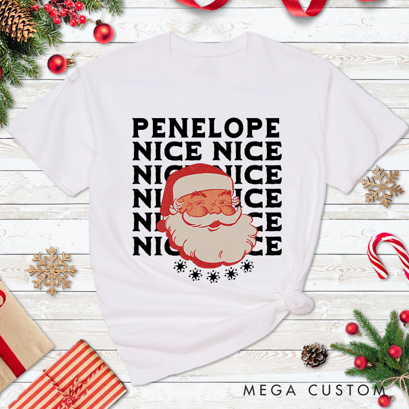 Personalized Couple Retro Naughty and Nice with Santa Christmas T-Shirt Couple Xmas Matching T-Shirt for Husband Wife Boyfriend Girlfriend