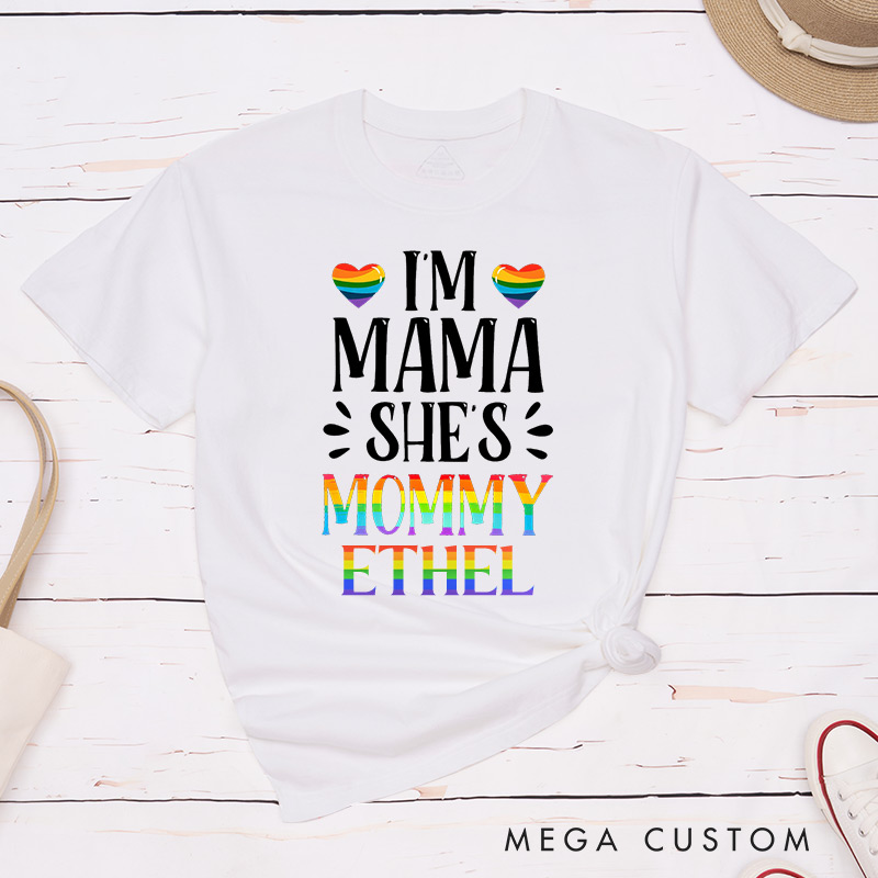 Personalized Mama and Mommy Rainbow Couple T-Shirts LGBTQ Lesbian Tee for Her LGBTQA+ Couple Matching Shirt