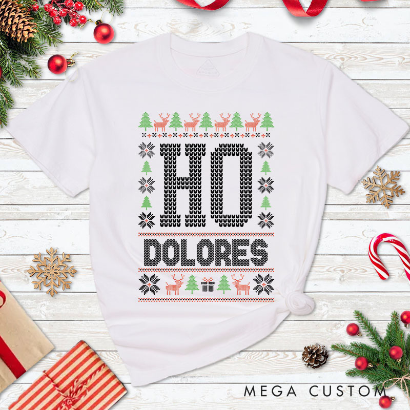 Personalized Couple Where’s My Ho At and Ho Christmas T-Shirt Couple Xmas Ugly Sweater Design Matching T-Shirt for Husband Wife Boyfriend Girlfriend