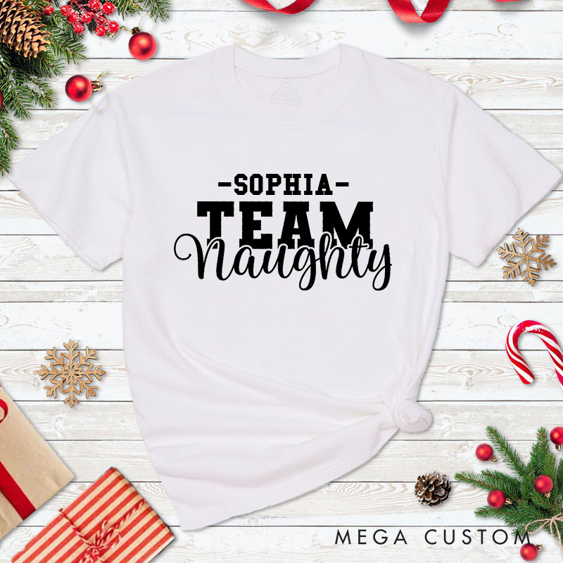 Personalized Couple Team Nice and Team Naughty Christmas T-Shirt with Name Couple Xmas Matching T-Shirt for Husband Wife Boyfriend Girlfriend