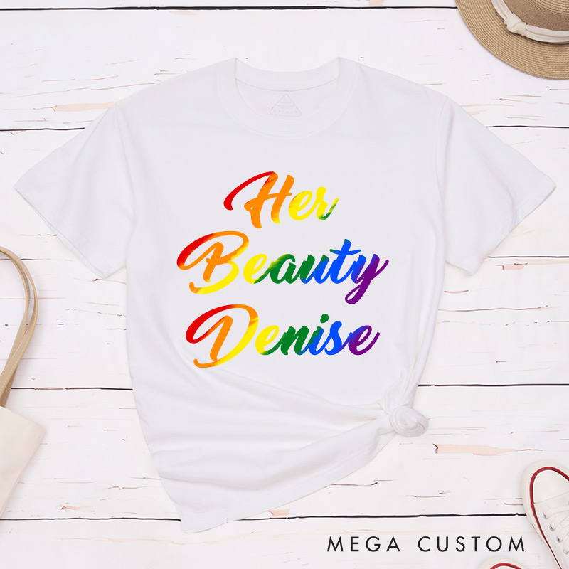 Personalized Her Beauty Her Beast Rainbow Couple T-Shirts LGBTQA+ Lesbian Matching Shirt LGBTQ Couple Matching Tee for Women
