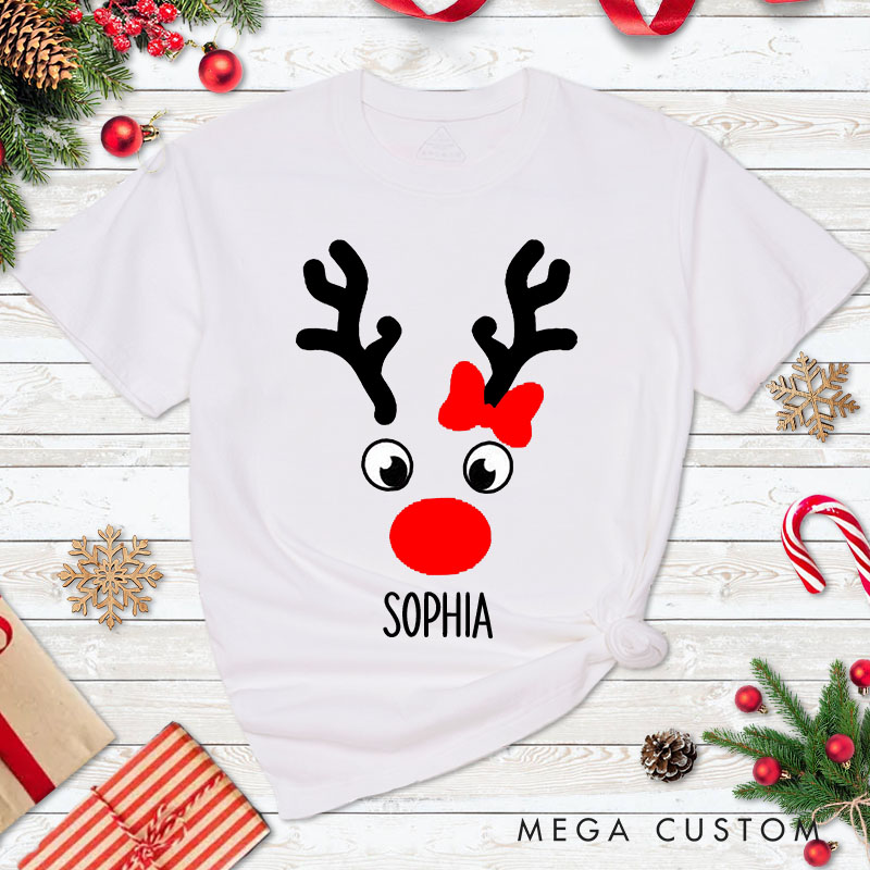 Personalized Couple Cute Reindeer Faces with Antler Christmas Matching T-Shirt Couple Xmas T-Shirt for Husband Wife Boyfriend Girlfriend