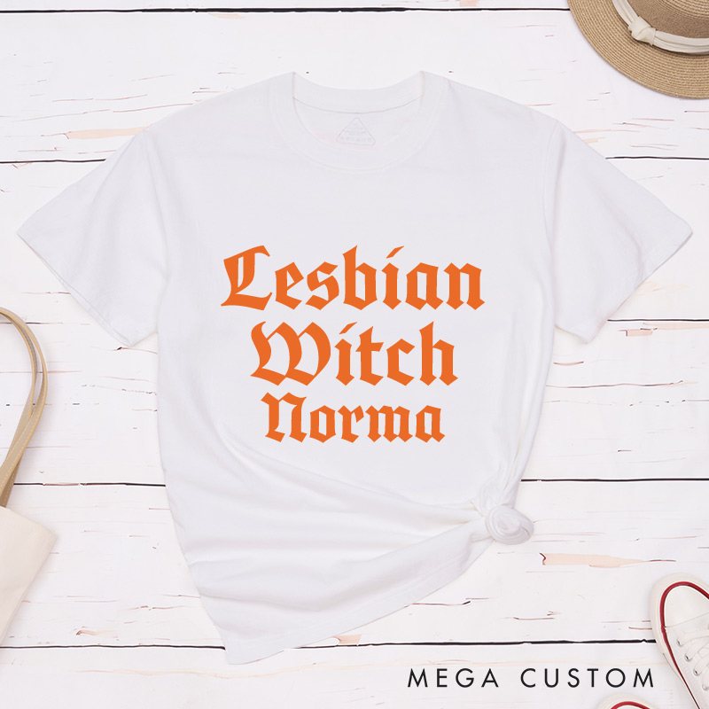 Personalized Lesbian Witch Halloween Couple T-Shirts Halloween LGBTQ Lesbian Matching Shirt for Her Lesbian Halloween Couple Tee