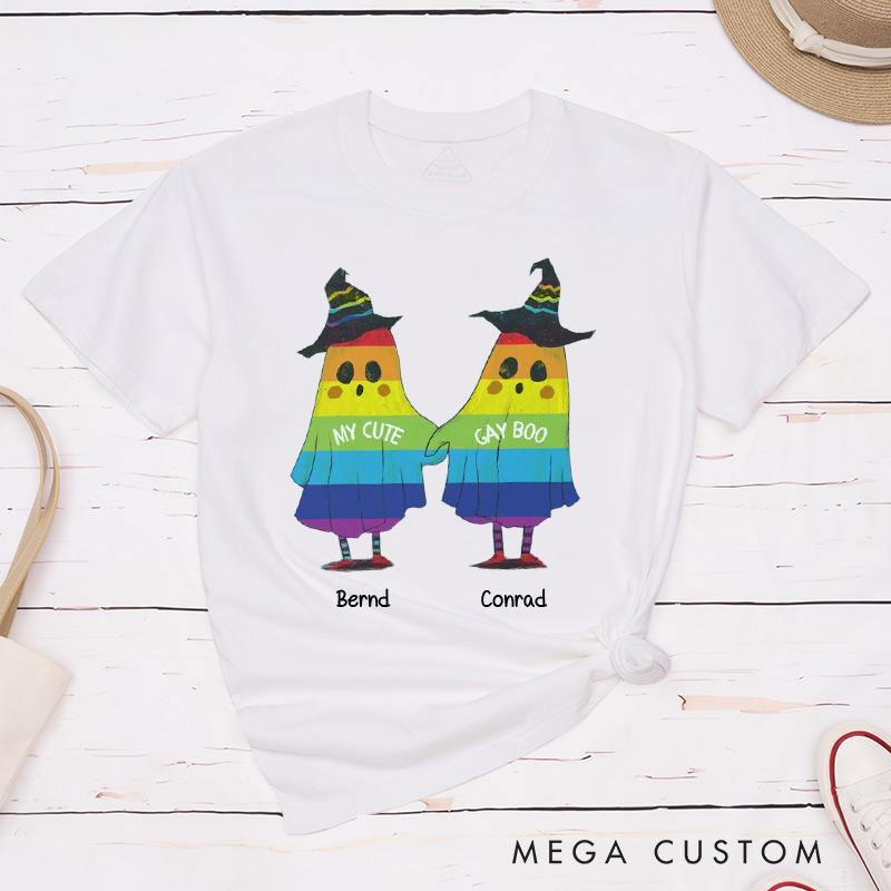 Personalized My Cute Boo Gay Boo Couple T-Shirts Funny Halloween LGBTQ Matching Shirt for Gay Couple Ghost Tee for Him