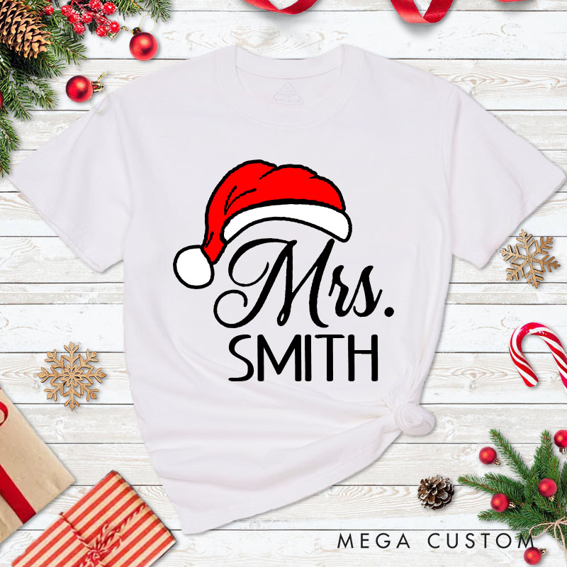 Personalized Couple Mr. and Mrs. with Santa Hat Christmas Matching T-Shirt Couple Xmas T-Shirt for Husband Wife Boyfriend Girlfriend Tee Tops