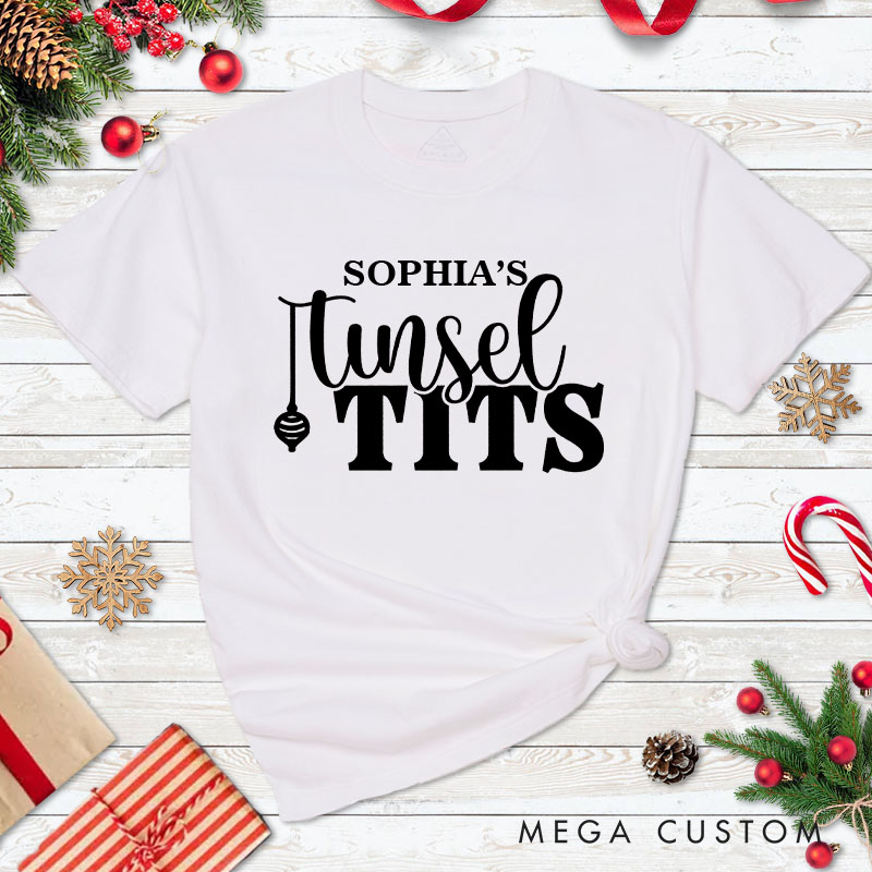 Personalized Couple Playful Jingle Ball and Tinsel Tits Christmas Matching T-Shirt Couple Xmas T-Shirt for Husband Wife Boyfriend Girlfriend Tee Tops