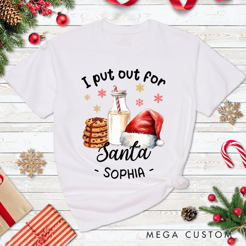 Personalized Couple Santa and I Put Out for Santa Christmas T-Shirt Couple Xmas Matching T-Shirt for Husband Wife Boyfriend Girlfriend Tee Tops