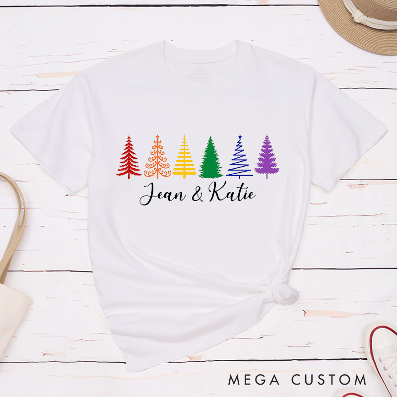 Personalized Rainbow Christmas Trees Couple T-Shirts LGBTQA+ Couple Matching Shirt Christmas Lesbian Gay Couple Shirt