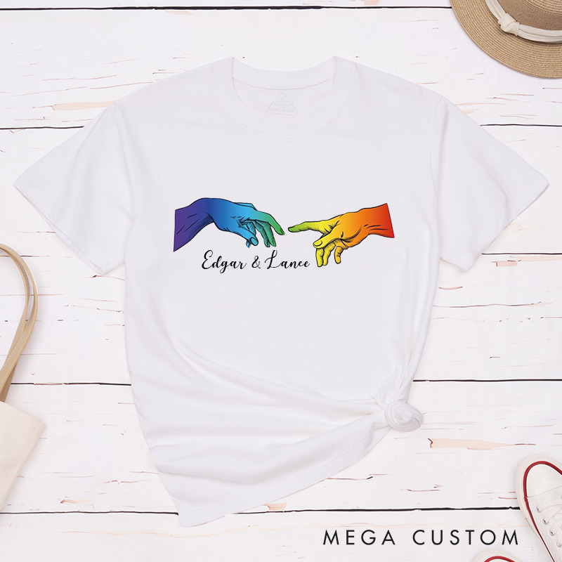 Personalized LGBTQA+ Rainbow Hands Couple T-Shirts LGBTQ Gay Couple Matching Shirt with Name Matching Tee for LGBTQA+