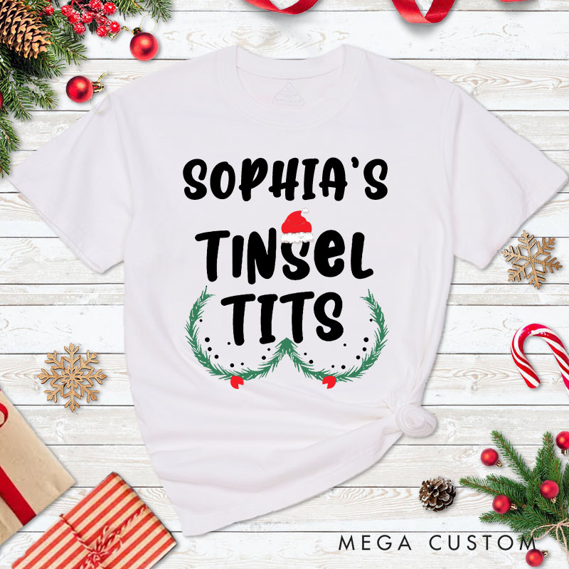 Personalized Couple Humor Jingle Balls and Tinsel Tits with Santa Hat T-Shirt Couple Xmas Matching T-Shirt for Husband Wife Boyfriend Girlfriend Tees