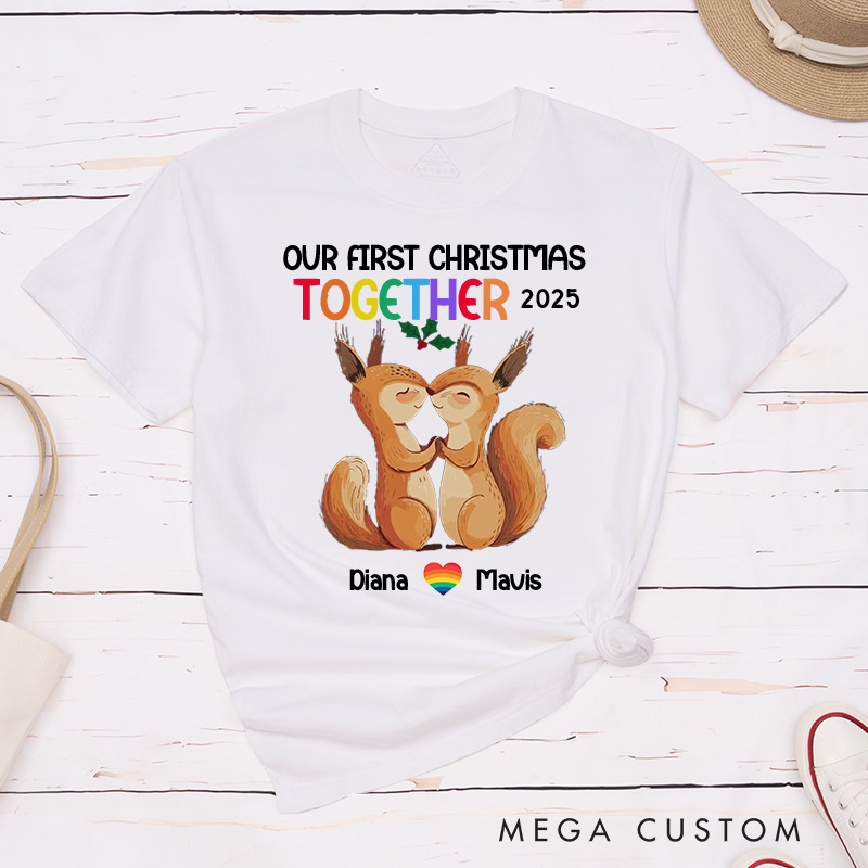 Personalized Our First Christmas Together Couple T-Shirts LGBTQA+ Gay Lesbian Couple Matching Shirt LGBTQ Couple Tee for Lesbian Gay
