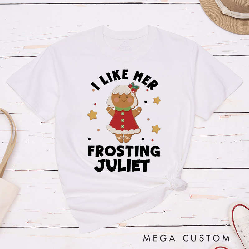 Personalized I Like Her Cookie Frosting Christmas Couple T-Shirts LGBTQ Lesbian Couple Christmas Matching Shirt for Her Lesbian Xmas Tee