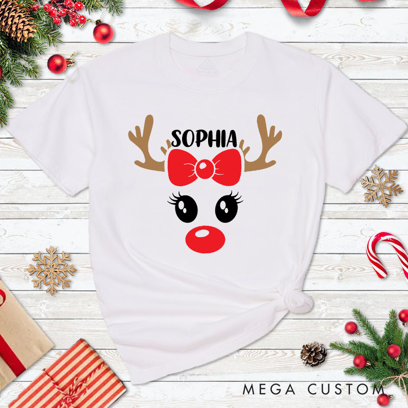Personalized Couple Reindeer with Sunglasses Christmas T-Shirt Couple Xmas Reindeer with Bow Matching Shirt for Husband Wife Boyfriend Girlfriend Tees