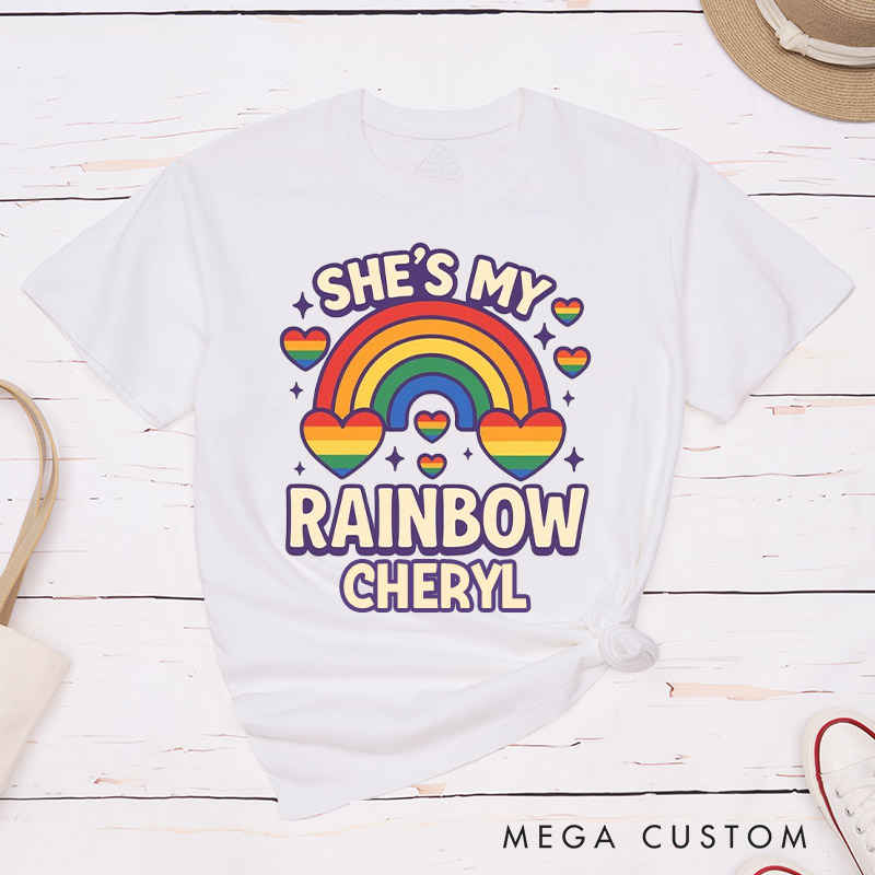 Personalized She's My Pride Rainbow Couple T-Shirts LGBTQ Rainbow Lesbian Matching Rainbow Couple Tee for Lesbian 