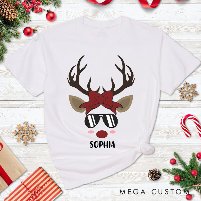 Personalized Couple Cool Reindeer with Sunglasses Christmas T-Shirt Chic Reindeer with Bow Xmas Matching Shirt for Husband Wife Boyfriend Girlfriend